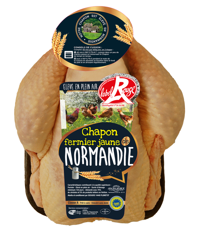 Chapon fermier jaune label rouge de Normandie distribué par AVIGROS au pavillon de la volaille à Rungis